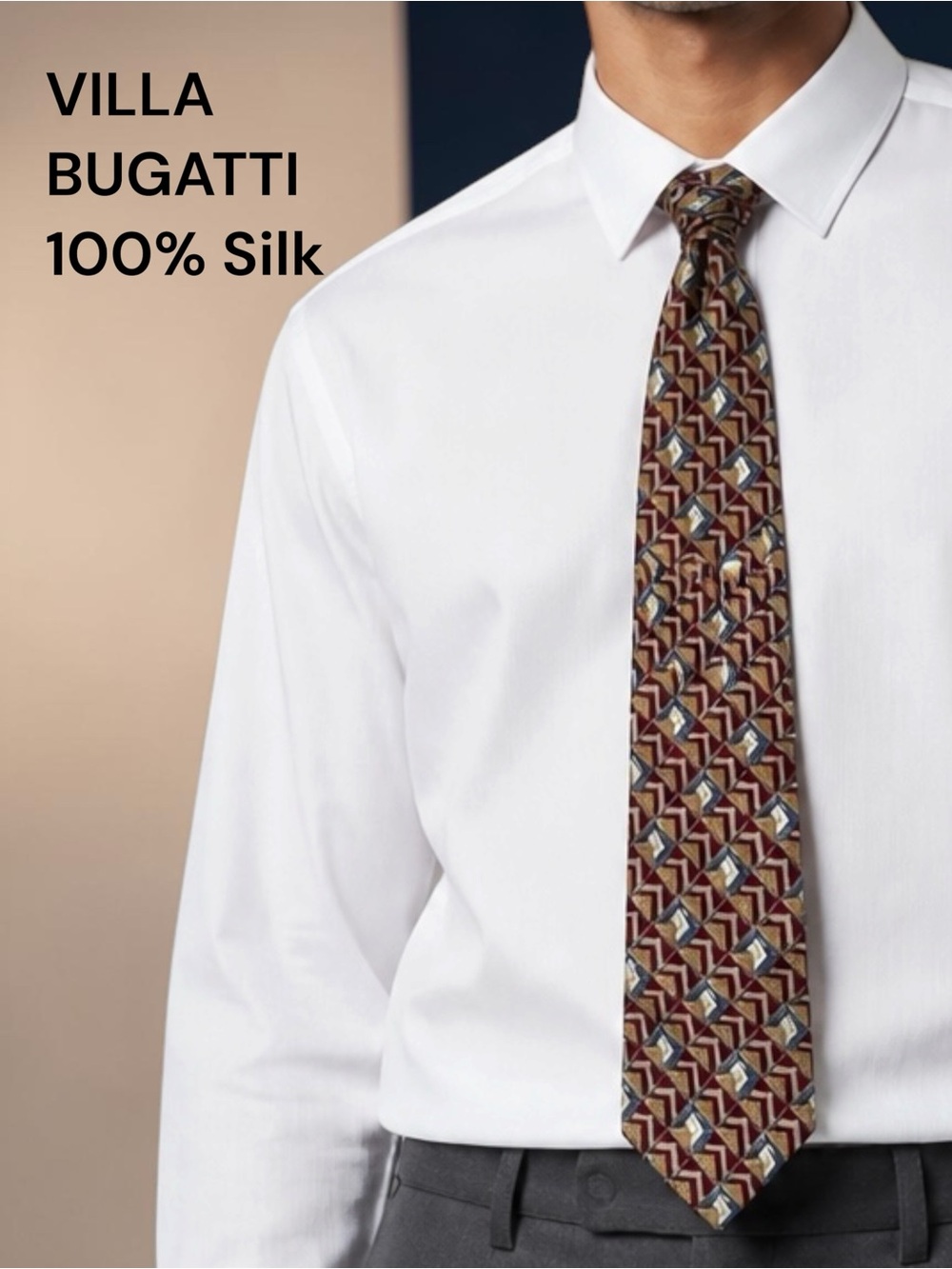 VILLA BUGATTI 100% Italian Silk Geometric Tie Burgundy Blue Gold 58” x 3.5”
